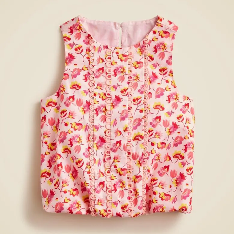 Girls' bubble tank top in linen-cotton blend floral