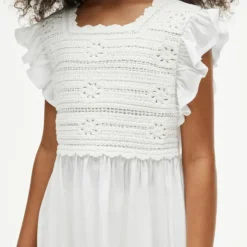 Girls' crochet ruffle-sleeve dress in jersey