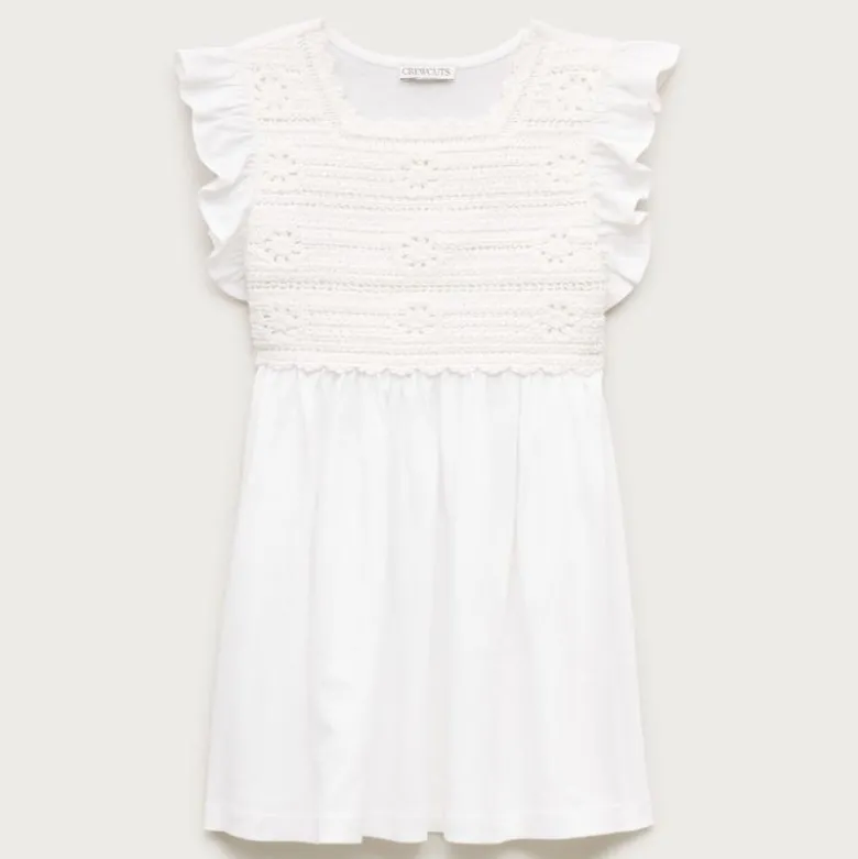 Girls' crochet ruffle-sleeve dress in jersey