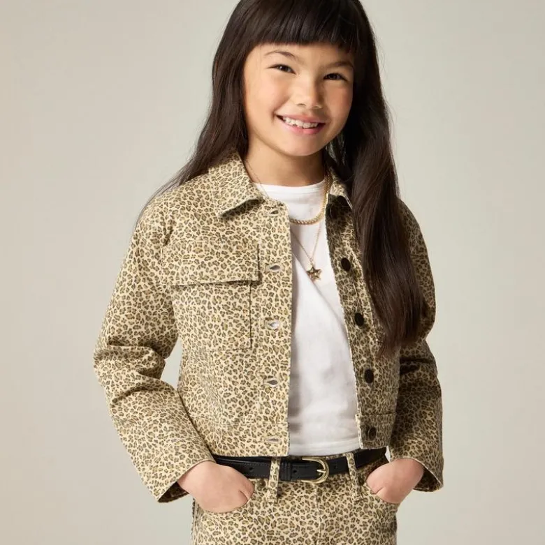Girls' denim jacket in leopard print