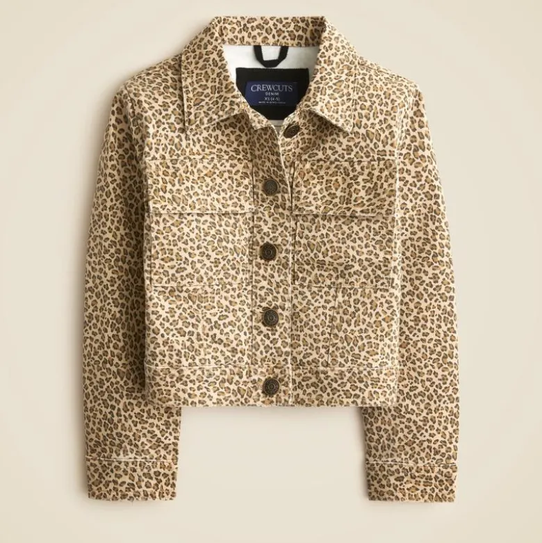 Girls' denim jacket in leopard print