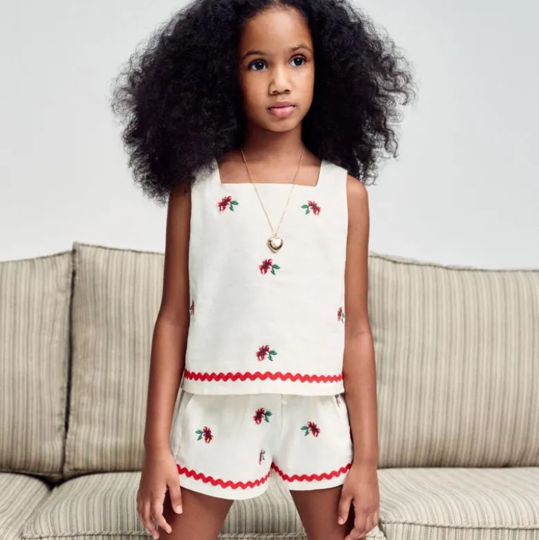 Girls' embroidered floral top in linen blend