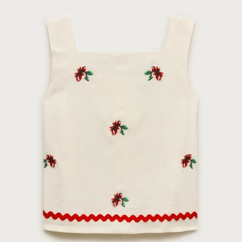 Girls' embroidered floral top in linen blend
