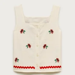 Girls' embroidered floral top in linen blend