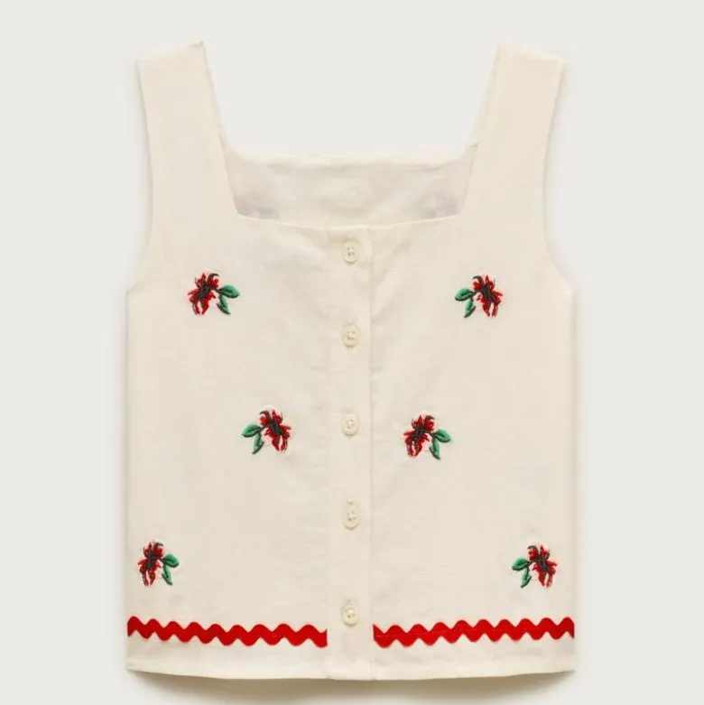 Girls' embroidered floral top in linen blend