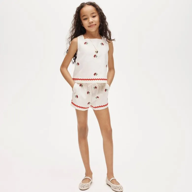 Girls' embroidered flower short in linen blend