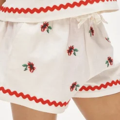 Girls' embroidered flower short in linen blend