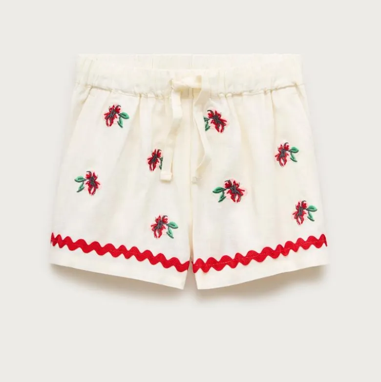 Girls' embroidered flower short in linen blend
