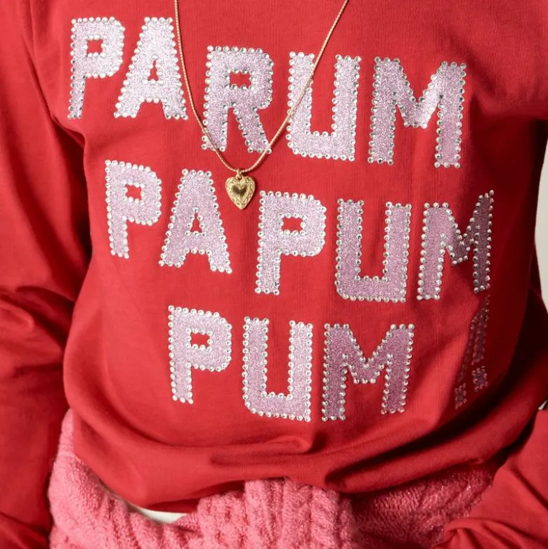 Girls' long-sleeve "Pa rum pa pum" graphic T-shirt with embellishments