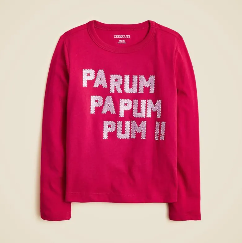 Girls' long-sleeve "Pa rum pa pum" graphic T-shirt with embellishments