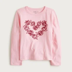 Girls' long-sleeve rosette heart graphic T-shirt with flocking