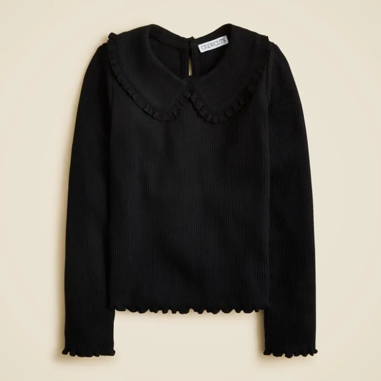 Girls' long-sleeve ruffle-collar top in vintage rib