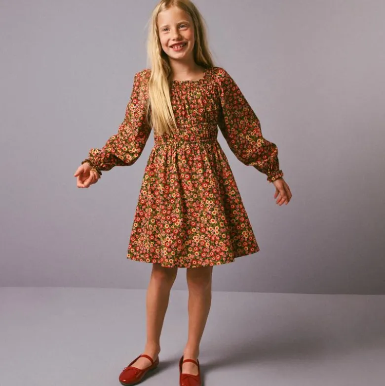 Girls' long-sleeve smocked dress in floral