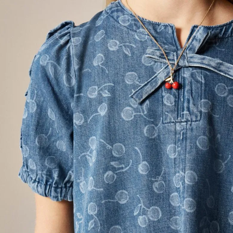 Girls' puff-sleeve cherry dress in drapey denim