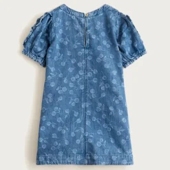 Girls' puff-sleeve cherry dress in drapey denim