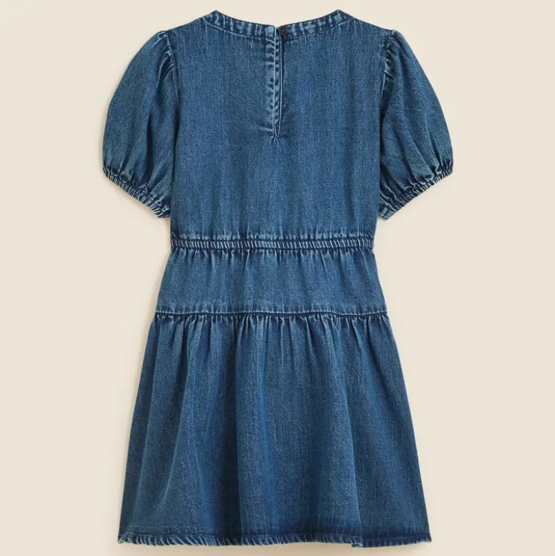 Girls' puff-sleeve dress in drapey denim