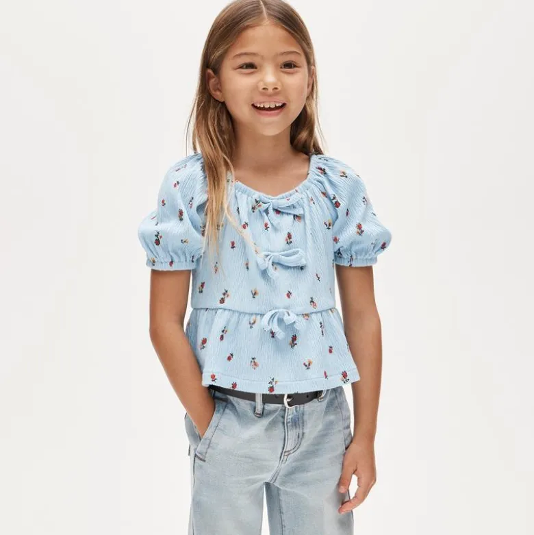 Girls' puff-sleeve top in crinkle jersey