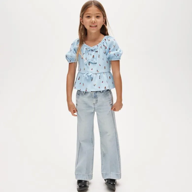 Girls' puff-sleeve top in crinkle jersey