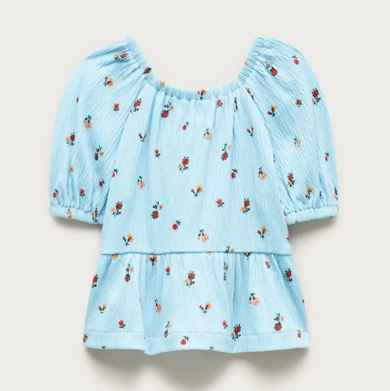 Girls' puff-sleeve top in crinkle jersey