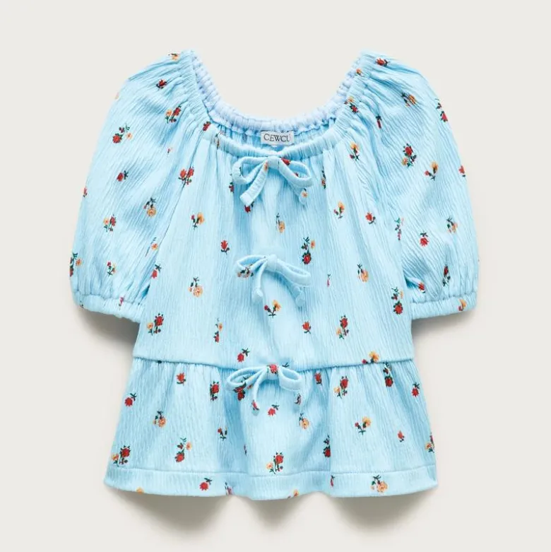 Girls' puff-sleeve top in crinkle jersey