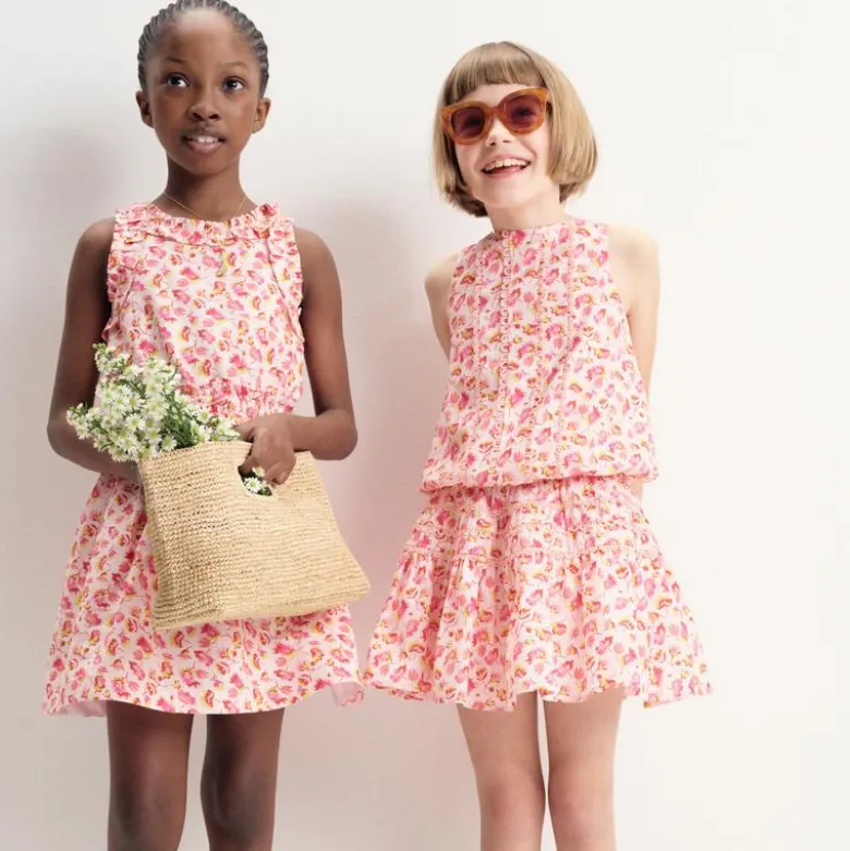 Girls' rickrack skirt in linen-cotton blend floral