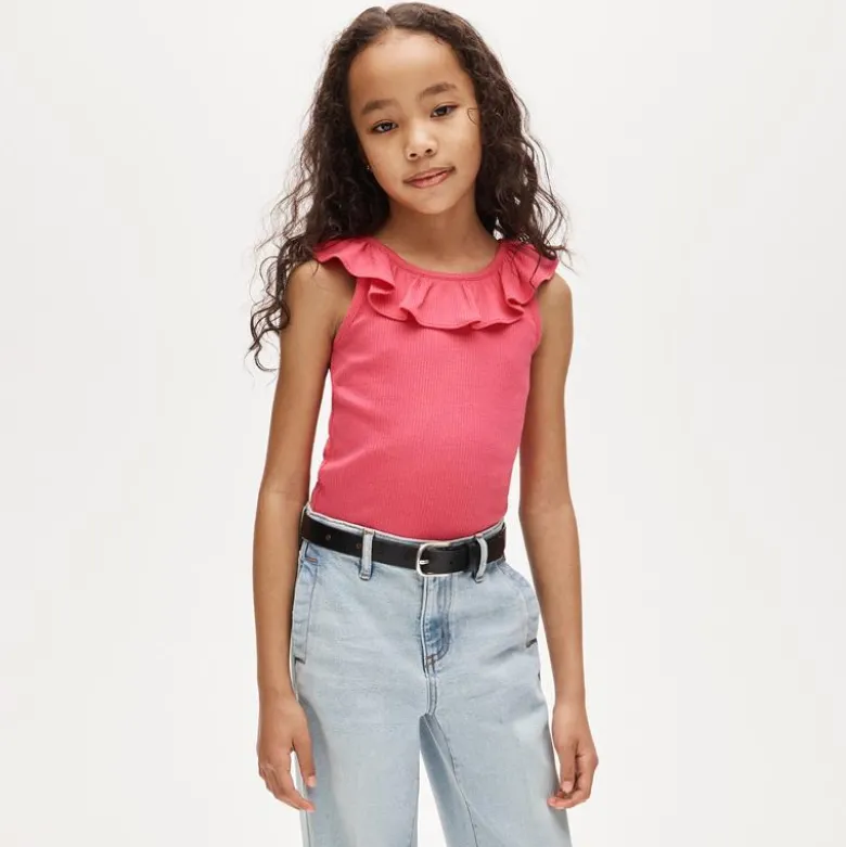 Girls' ruffle-shoulder tank top in vintage rib