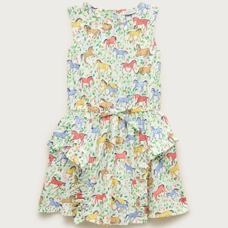 Girls' ruffle-skirt dress in wild horses print