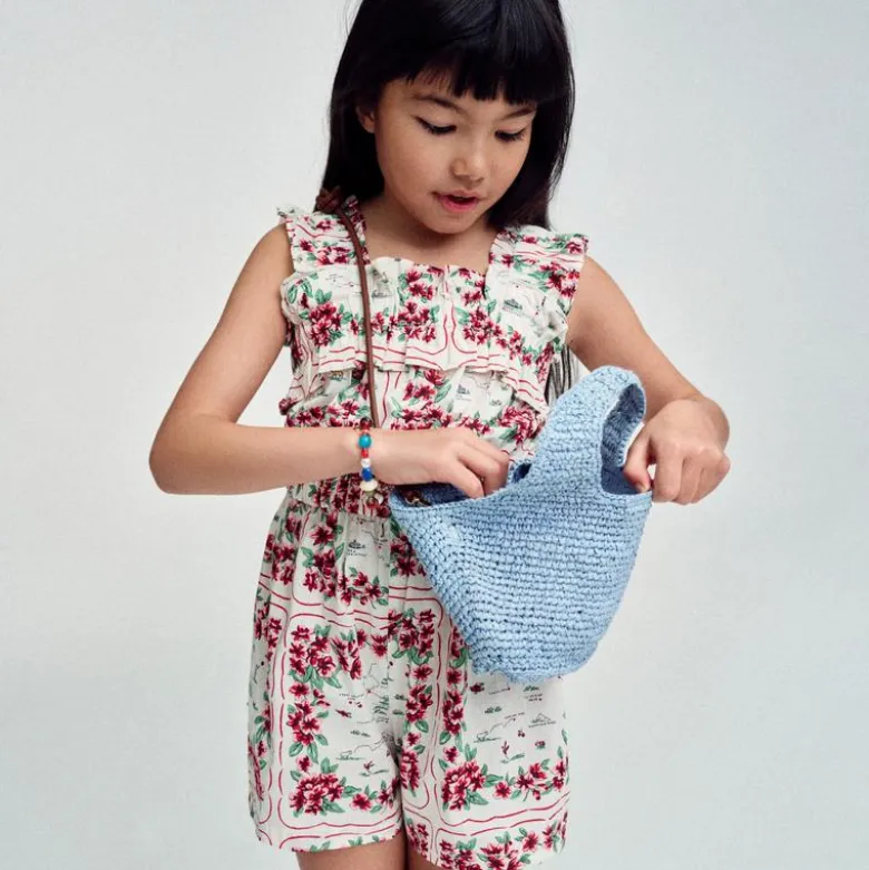 Girls' ruffle-trim romper in map floral