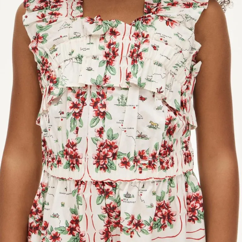 Girls' ruffle-trim romper in map floral