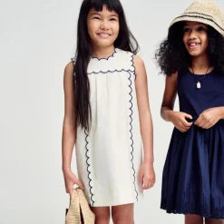 Girls' scallop-trim dress in linen blend
