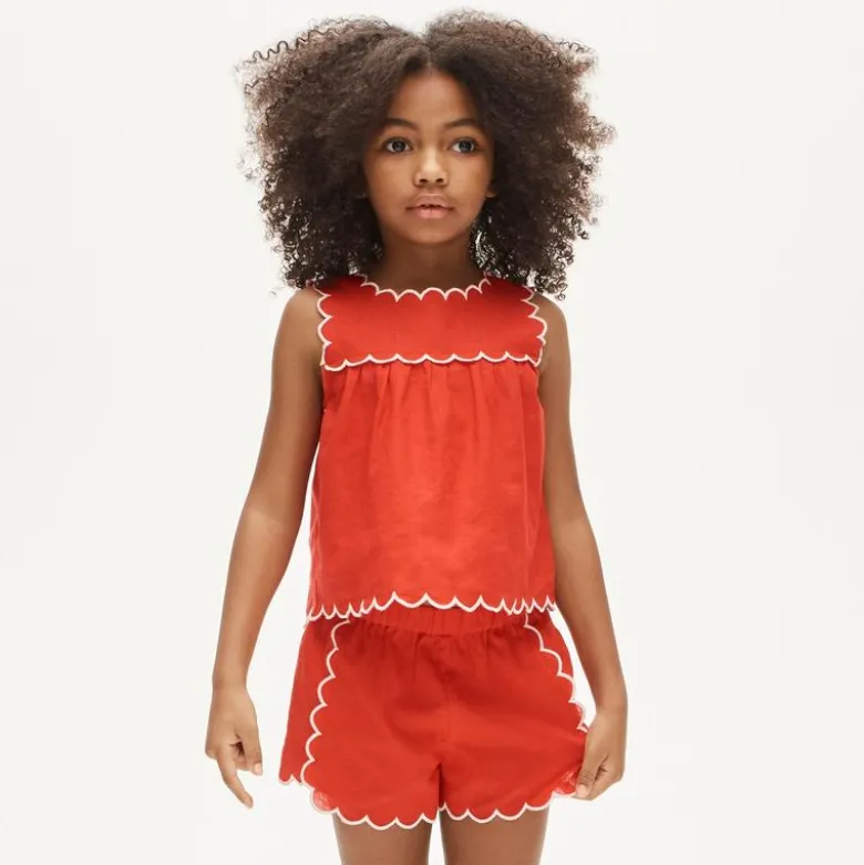 Girls' scallop-trim top in linen blend