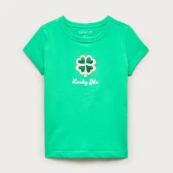 Girls' short-sleeve shamrock graphic T-shirt with glitter