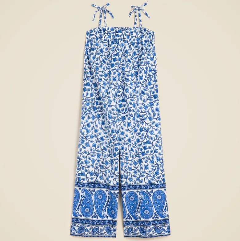 Girls' tie-shoulder jumpsuit in bandana block print