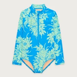 Girls' zip-up rash guard one-piece swimsuit