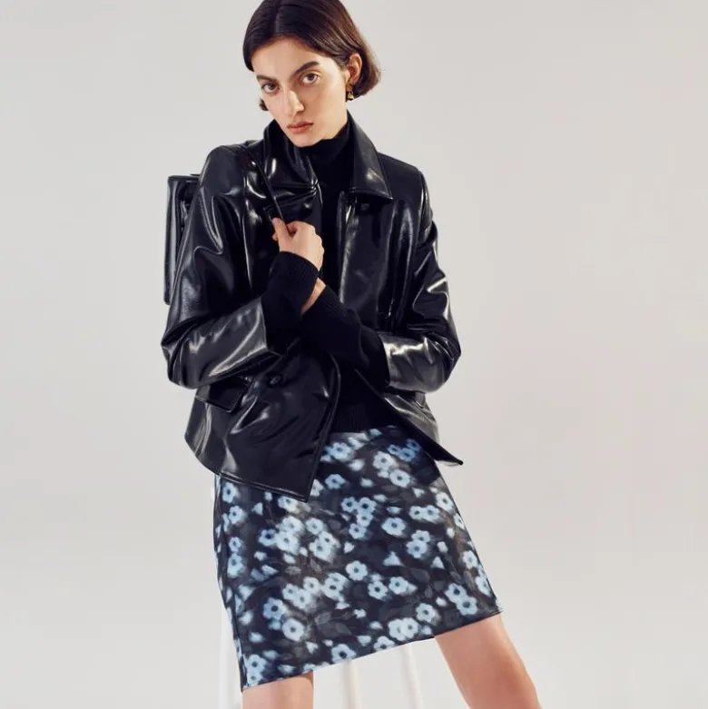 Gwen knee-length slip skirt in blurry floral luster charmeuse