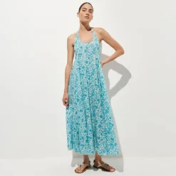 Halter beach dress in blue floral