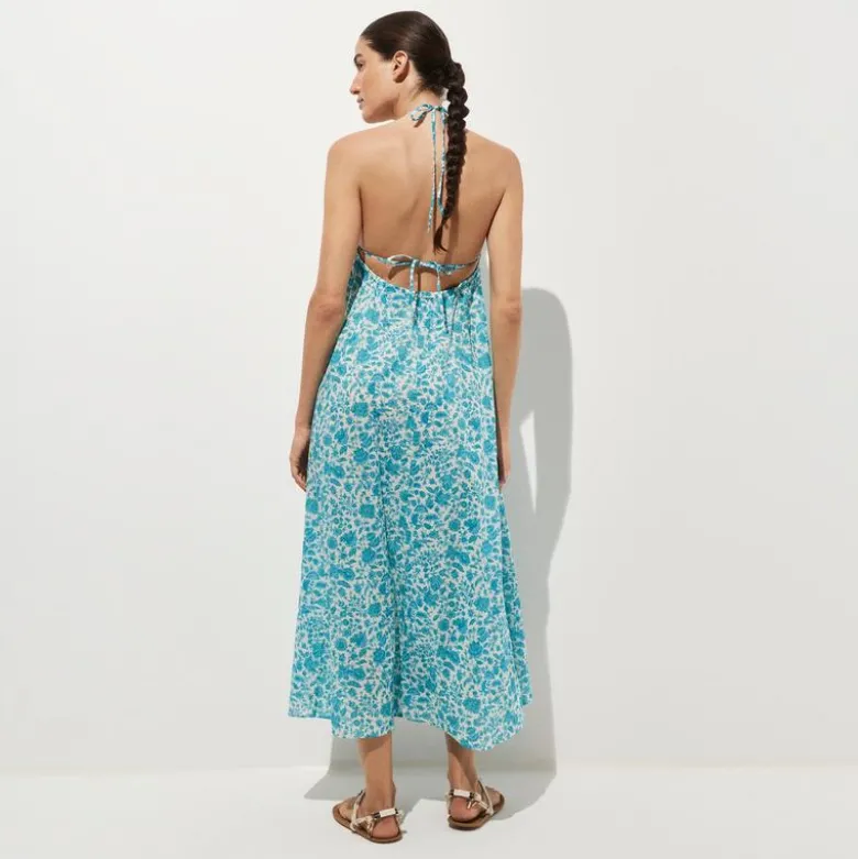 Halter beach dress in blue floral