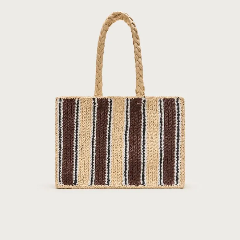 Handknotted straw tote bag in stripe