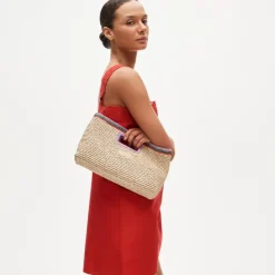 Handwoven straw rectangular clutch with contrast trim