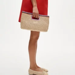 Handwoven straw rectangular clutch with contrast trim