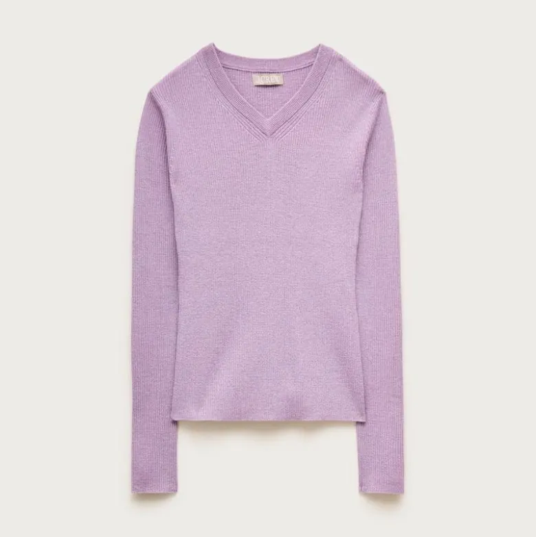 High V-neck fine rib sweater in merino wool with Lurex® metallic threads
