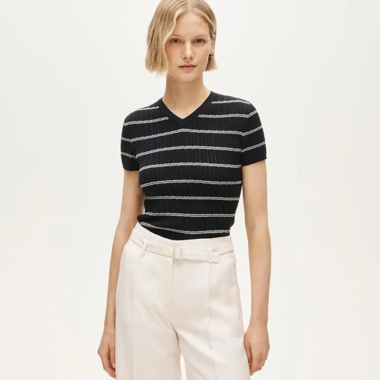 High V-neck ribbed pointelle sweater-tee in stripe