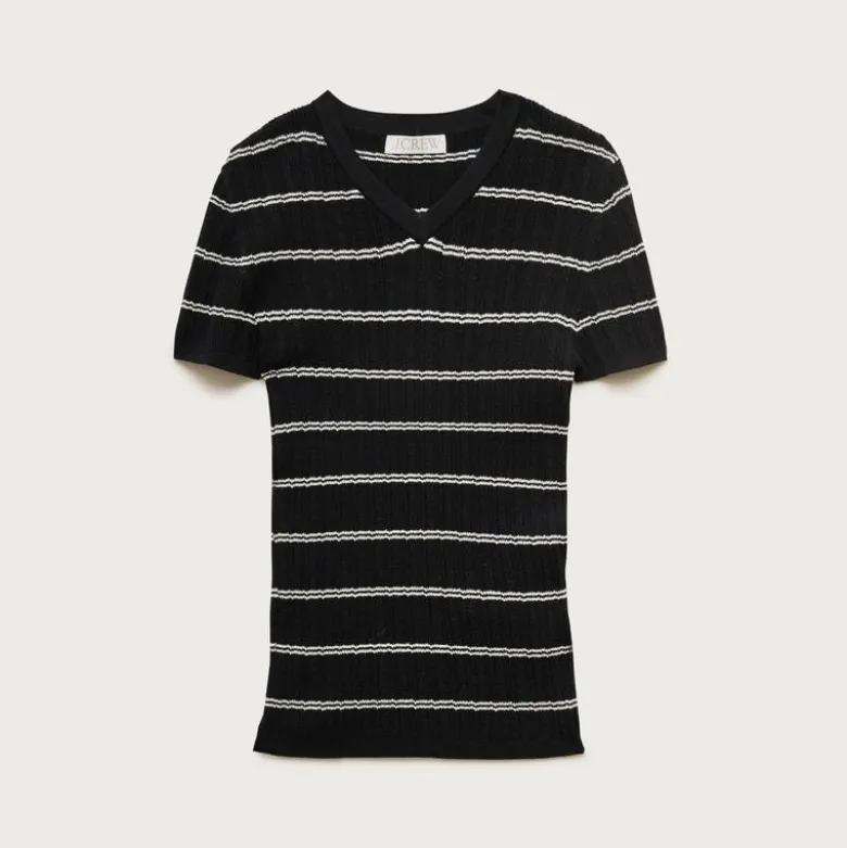 High V-neck ribbed pointelle sweater-tee in stripe