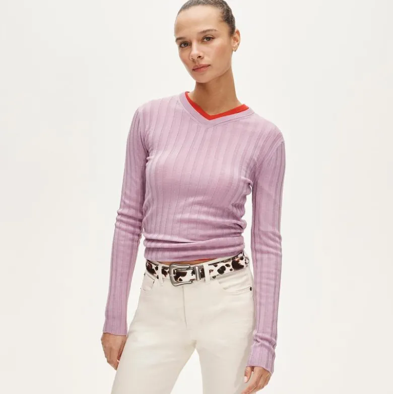 High V-neck wide-rib sweater in merino wool