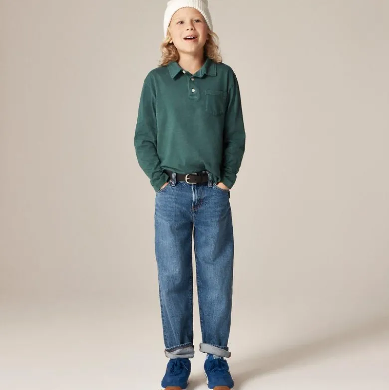Kids' garment-dyed long-sleeve polo shirt in broken-in-jersey