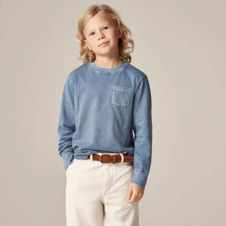 Kids' long-sleeve garment-dyed pocket T-shirt in broken-in-jersey