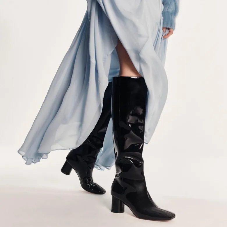 Knee-high round-heel boots in patent leather