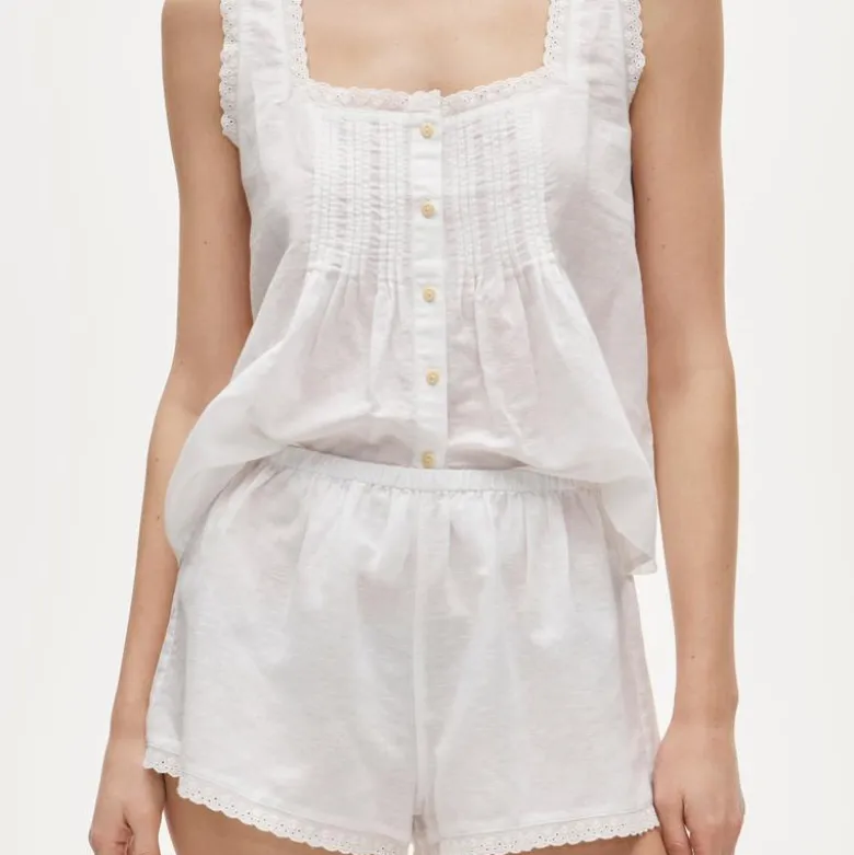 Lace-trim camisole and pajama short set in linen-cotton blend