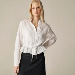 Lace-trim cinched-waist top in cotton voile