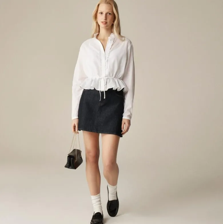 Lace-trim cinched-waist top in cotton voile